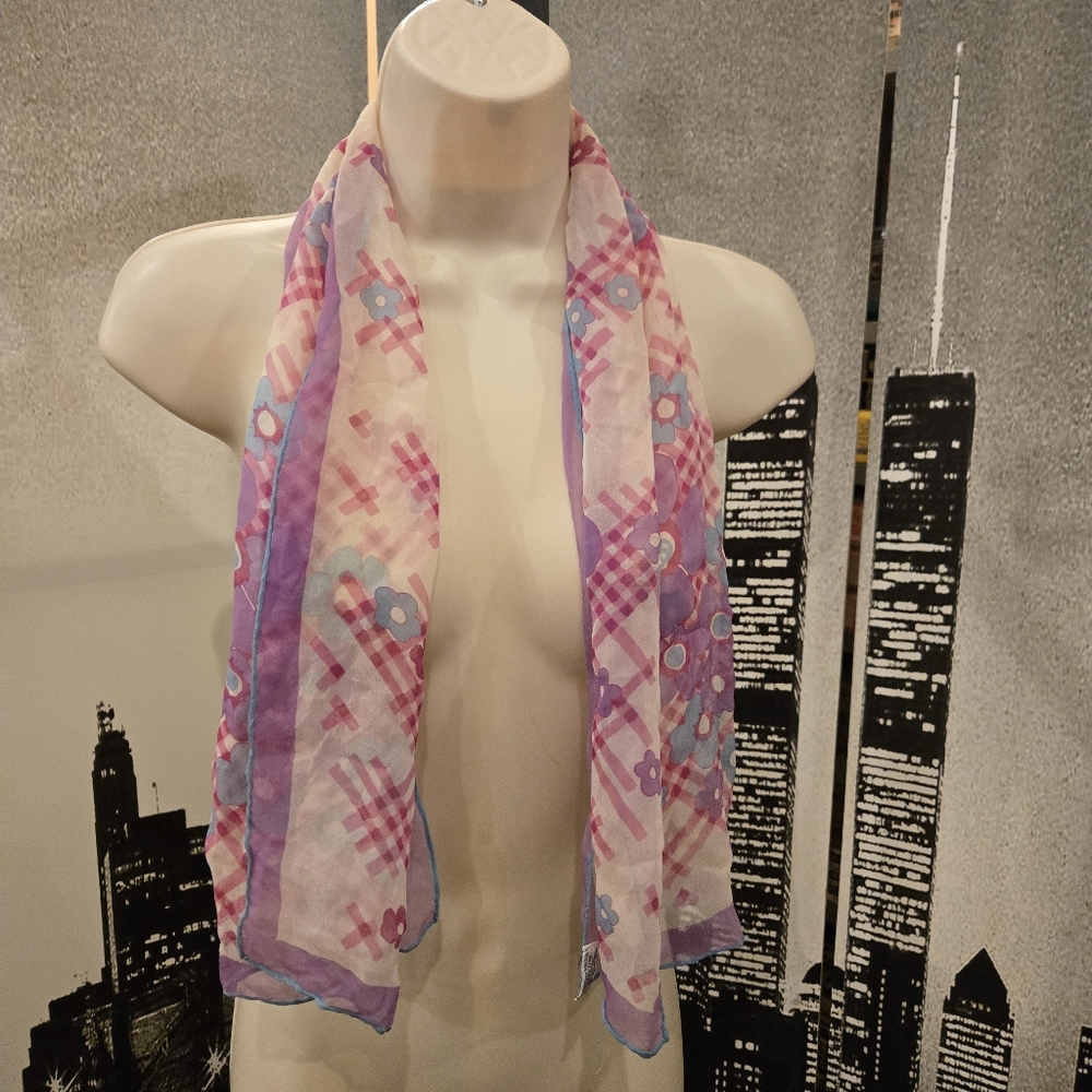 Sally Gee silk blend scarf made in Japan lavendar pink & blue